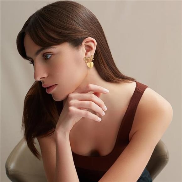 Gold Heart Earrings with Ribbon Studs – Cute & Hypoallergenic - Picture 3 of 4